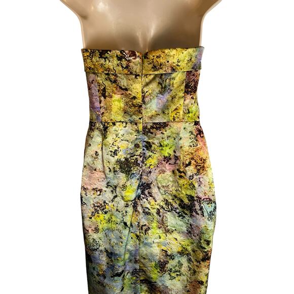 McGinn Womens Cocktail Dress Green Satin Strapless Watercolor 6 Pockets Pleated - Picture 8 of 11